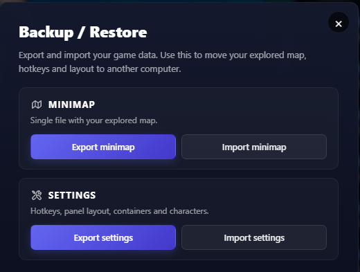Backup Restore mostrando Import minimap