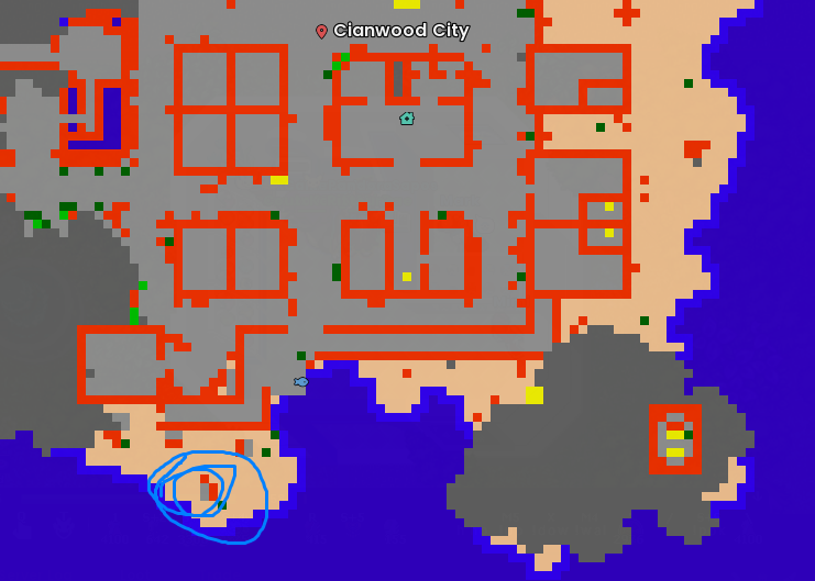 Mapa de Cianwood City mostrando la ubicación de Captain Frederic